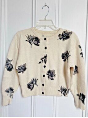 J CREW Angora Blend Gray and Cream Floral Button Cardigan Size Small